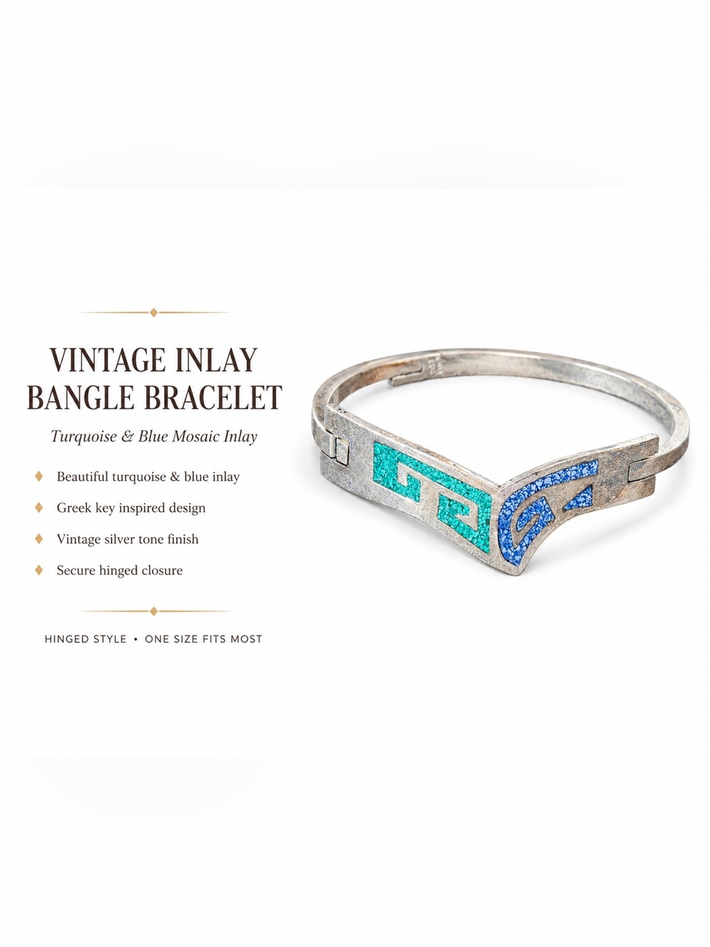 Vintage Turquoise Mosaic Inlay Bracelet Greek Key Hinged Silver Bangle